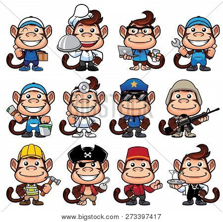 Cartoon Monkey In 12 Poses For Different Occupations And Isolated On White Background.