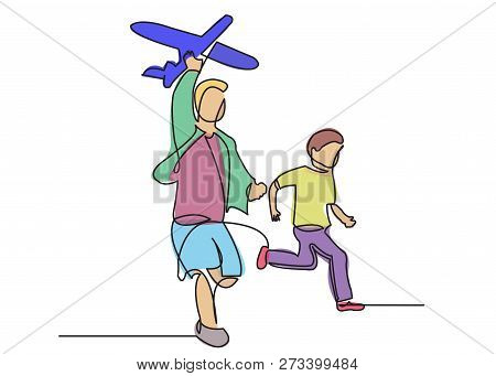 One Continuous Drawn Line Of A Boy With An Airplane Drawn From The Hand Picture Silhouette. Line Art