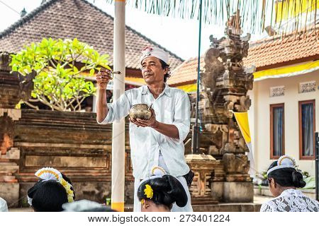Bali, Indonesia - October 9, 2018: Holyman On A Traitional Balinese Hindu Ceremony In Ubud, Bali Isl