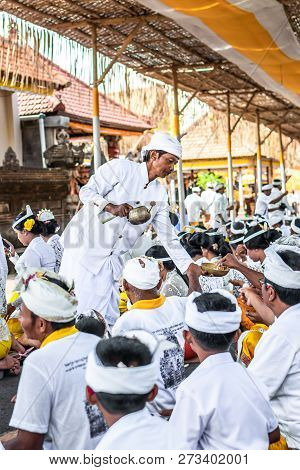 Bali, Indonesia - October 9, 2018: Holyman On A Traitional Balinese Hindu Ceremony In Ubud, Bali Isl