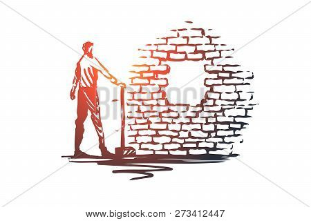 Overcoming, Aim, Goal, Achievement Vector Concept. Man With Showel Standing And Looking At Hole In B