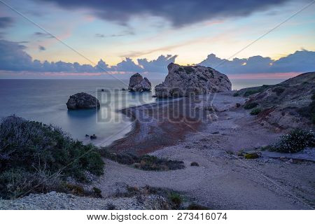 Longtime Exposure Aphrodites Rock At Blue Hour