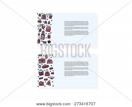 Set Of Cards With Bags In Doodle Style. Hand Drawn Woman Accessories. Vector Color Illustration.