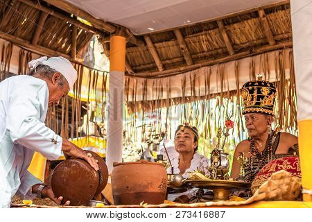 Bali, Indonesia - October 9, 2018: Holyman On A Traitional Balinese Hindu Ceremony In Ubud, Bali Isl