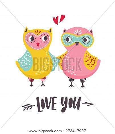 Romantic Greeting Card Or Postcard Template With Pair Of Cute Owls And Love You Inscription Handwrit