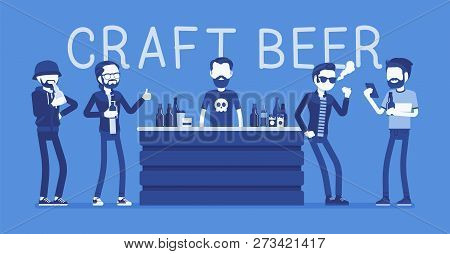 Craft Beer Store Bar Male Visitors. Men Gathering In A Bottle Shop To Relax, Buy And Enjoy Drink, Gu