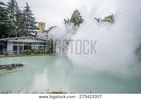 Beppu, Oita, Japan, November 8, 2018: Shiraike Jigoku (white Pond Hell) Pond In Autumn, Which Is One