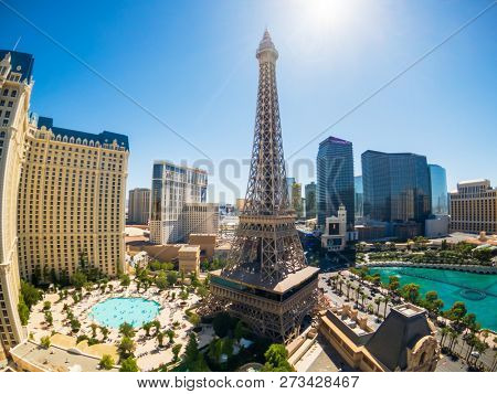 Las Vegas, USA - September 10, 2018: Eiffel tower at Paris casino aerial view from Ballys hotel at sunny morning