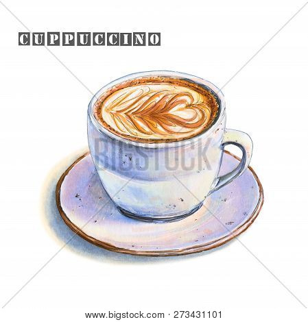 Illustration Of A Ceramic Cup On A Saucer With A Tasty Cappuccino And A Beautiful Pattern On Milk Fo