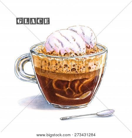 An Illustration Of A Coffee Glace With Two Balls Of Vanilla Ice Cream In A Glass Cup. Colorful Sketc