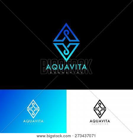 A And V Letter.  A, V Monogram. Logo Consist Of Blue-azure Lines As Triangles Shape With A Drops Or 