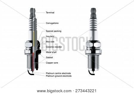Spare Parts Cutaway Spark Plugs On White Background For Car And Motorcycle. New Auto Parts Spark Plu