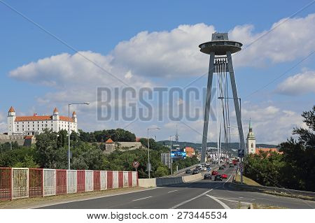 Bratislava, Slovakia - July 10, 2015: Famous Snp Bridge With Ufo Restaurant On Top Of Pylon In Brati