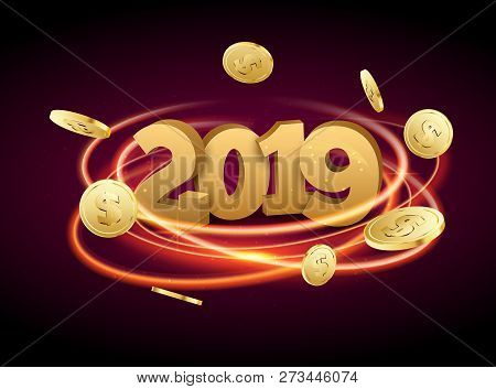 Luxury Christmas 2019 Typography With Monay Coins. New Year Background Decoration Holiday Greeting C