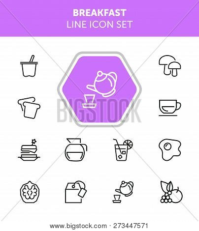 Breakfast Line Icon Set. Set Of Line Icons On White Background. Food Concept. Coffee, Tea, Bread. Ve