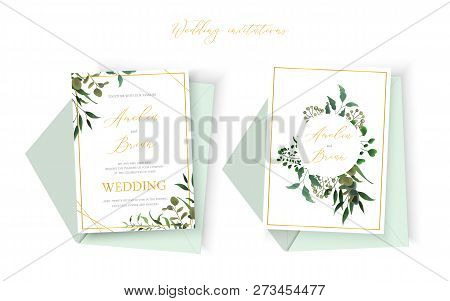 Wedding Floral Golden Invitation Card Envelope Save The Date Design With Green Tropical Leaf Herbs E