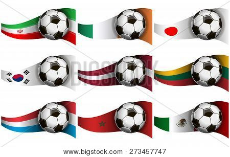 Illustration With Soccer Ball And Flag Of Iran, Ireland, Japan, Korea, Latvia, Lithuania, Luxembourg