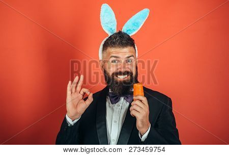 Easter Copy Space. Easter Man With Carrot. Happy Spring Holiday And Easter. Healthy And Happy Holida