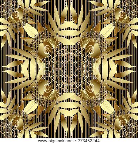 3d Gold Ornate Floral Leafy Vector Seamless Pattern. Striped Orn