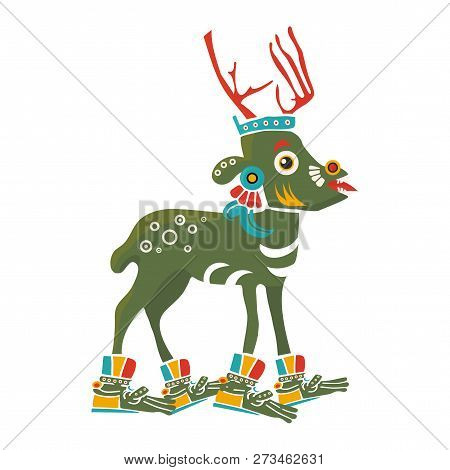 Aztec Codex Borbonicus Art Imitation Vector Illustration. Tribal Native Mexican American Deer. Aztec