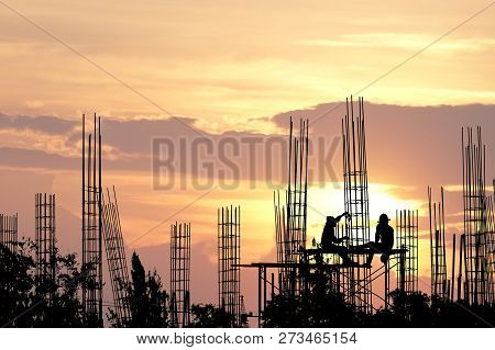 Silhouette Construction Industry Of Engineer Business Concept With Worker Standing On Safety Stand F