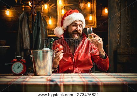 Champagne In Hands Christmas Men. Happy Holiday And Christmas. Celebration New Year. Winter Holiday 