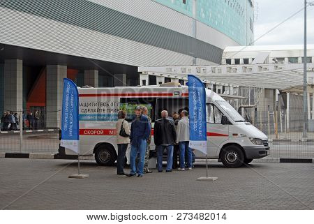 Moscow, Russia - September, 2017: Mobile Point Of Free Vaccination Against Influenza Near Planernaya