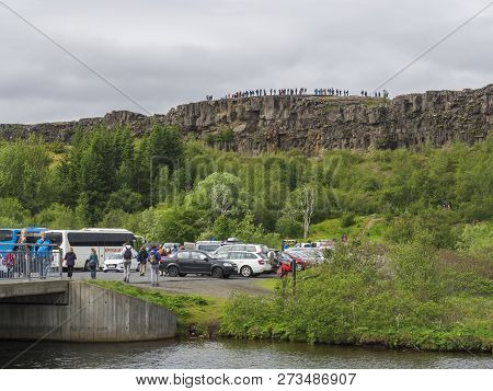 Iceland, Thingvellir, July 1, 2018 View On Car And Buses Parking In Thingvellir National Park And To