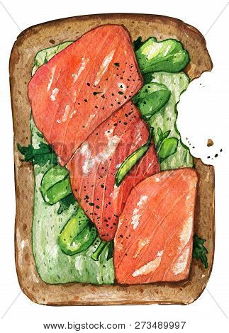 Breakfast Yealthy Food Sandwich Bitten Fish Isolate Watercolor