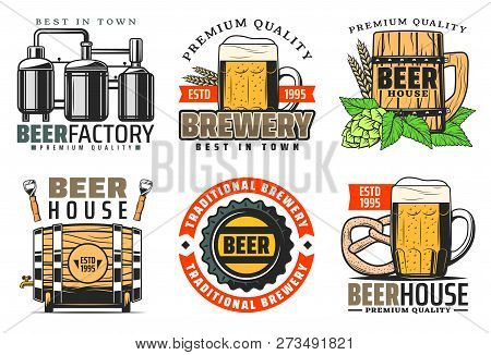 Premium Brewery Or Beer Production Factory And Brewing Company Icons. Vector Traditional Beer Bottle