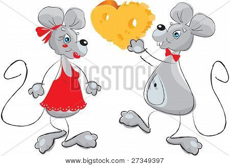 desenhos animados de um rato masculino dando um rato fêmea um coração - em forma de queijo.