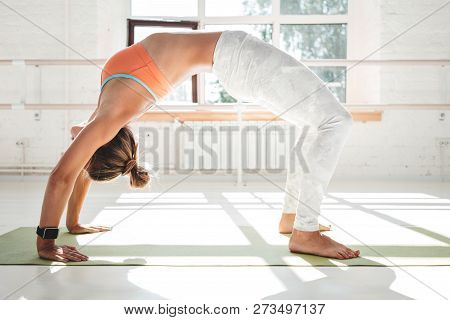 Strong Healthy Woman Doing Exerciese Bridge On Fitness Mat In Whit Gym. Yoga Girl Doing Stretching E