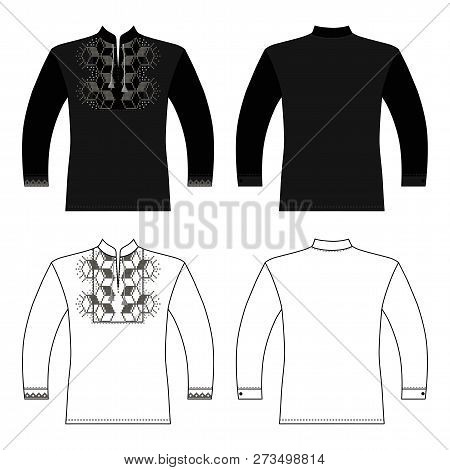 T Slavic Shirt Vyshivanka Man Template (front, Back Views), Vector Illustration Isolated On White Ba