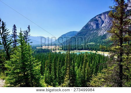 Elevated View Of Cascade Ponds And The Trans Canada Highway Entering Banff National Park