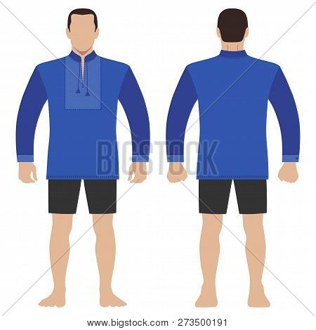 Fashion Man Body Full Length Template Figure Silhouette In Shorts And Slavic Shirt Vyshivanka (front