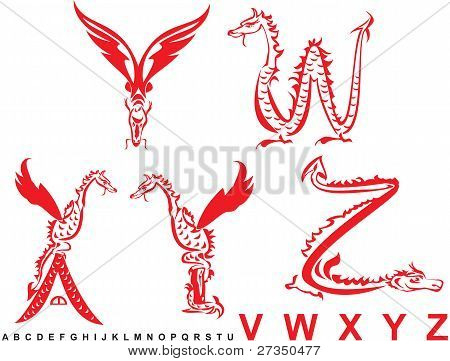 Série do alfabeto de dragões, letras VWXYZ, fonte de dragão de fantasia
