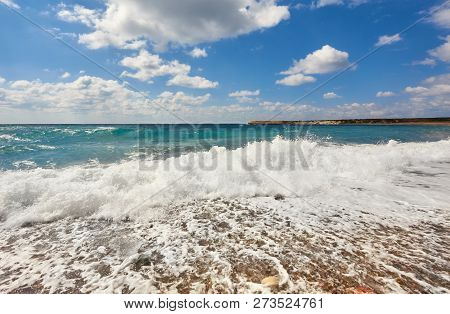 Beautiful Wild Beach With Clear Turquoise Water And Waves. Lara Beach, Cyprus.