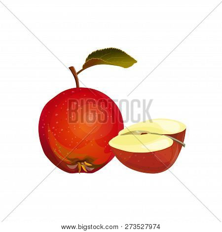 Whole Red Apple And Half With Leaf. Vector Illustration Isolated On White Background