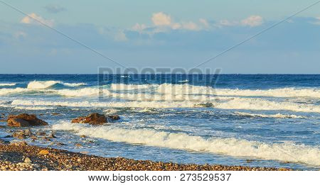Beautiful Wild Beach With Clear Turquoise Water And Waves. Lara Beach, Cyprus.