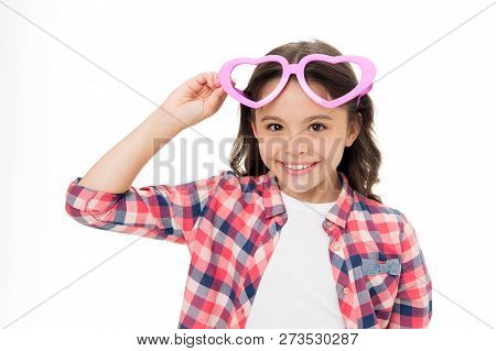 Child Charming Smile Fall In Love. Girl Heart Shaped Eyeglasses Celebrates Valentines Day. Girl Cute