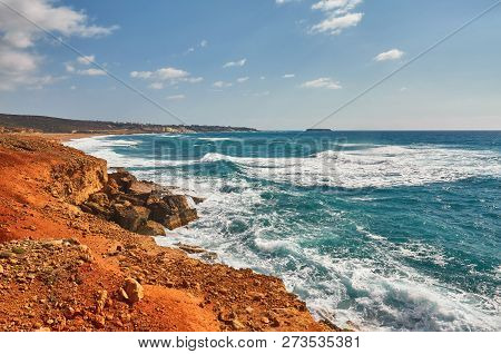 Beautiful Wild Beach With Clear Turquoise Water And Waves. Lara Beach, Cyprus.