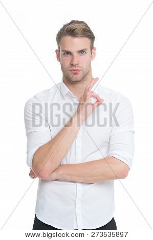 Excellent Quality. Man Confidently Highly Recommend White Background. Guy With Bristle Recommend Exc