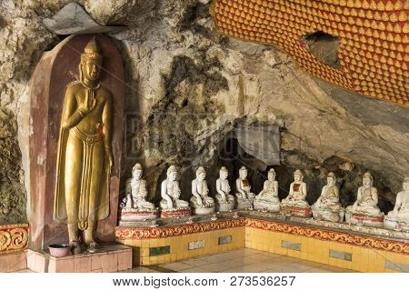 Hpa-an, Myanmar - 19 November, 2018: Horizontal Picture Of Different Buddhas Statues Inside Of Kaw K