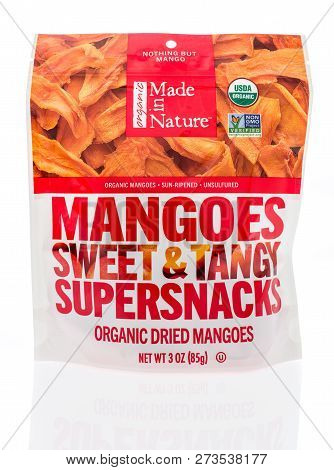 Winneconne, Wi - 8 December 2018: A Package Of Made In Nature Organic Dried Mangoes Sweet And Tangy 
