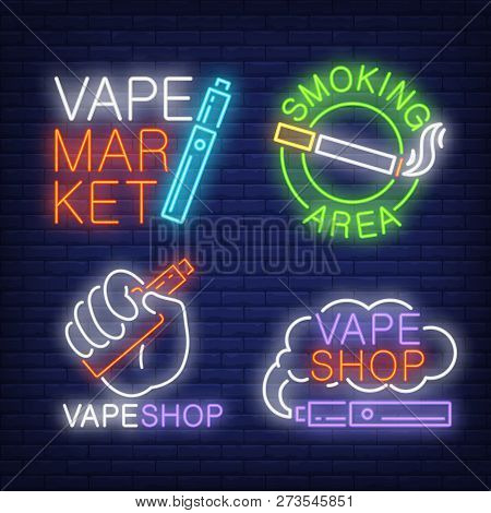 Tobacco And Electronic Cigarettes Neon Signs Set With Text. Vape Shop And Smoking Design Elements. N