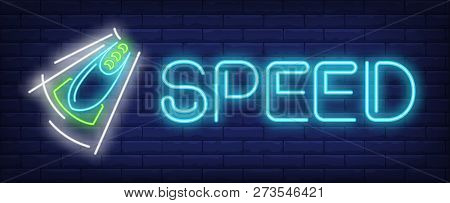 Speed Neon Sign. Glowing Inscription With Blue And Green Bobsleigh On Brick Wall Background. Vector 