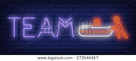Team Neon Sign. Glowing Inscription With Bobsleigh And Two Sportsmen On Brick Wall Background. Vecto