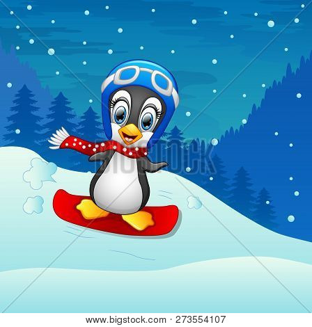 Vector Illustration Cartoon A Snowboarding Cute Penguin