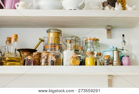 Vintage Bottels With Spices And Food Ingredients