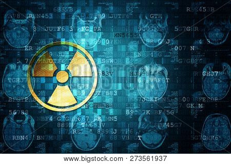 Golden Pixelated Radiation Icon On Blue Digital Background With Copy Space. Science Concept.